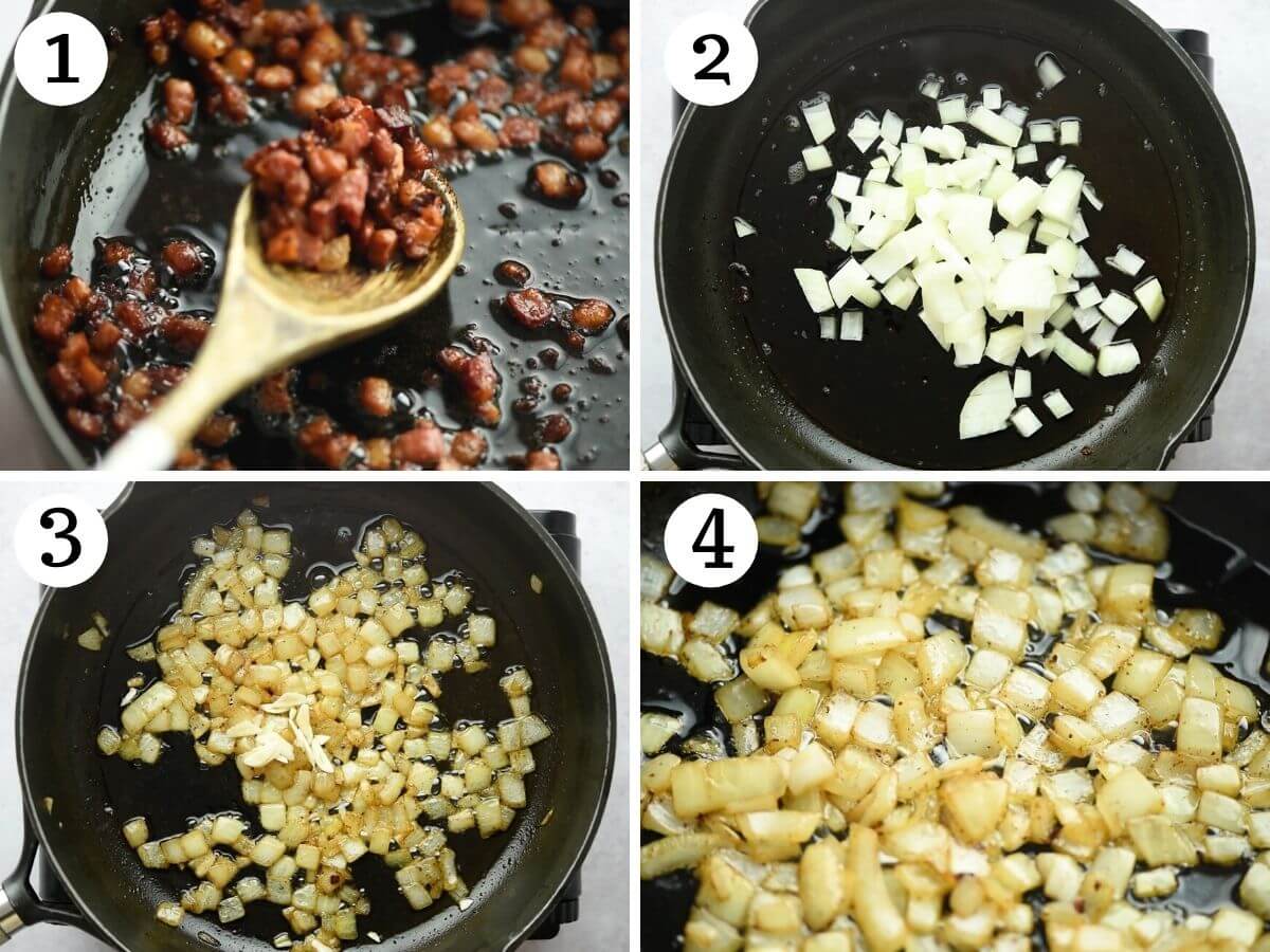 Step by step photos showing how to fry pancetta and onions