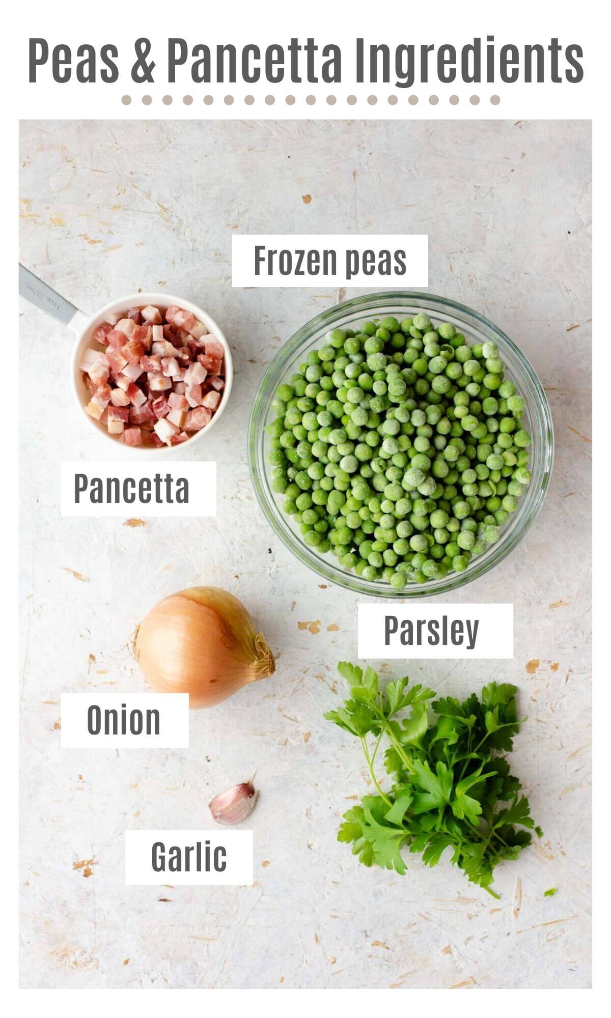 An overhead shot of all the ingredients you need to make peas and pancetta