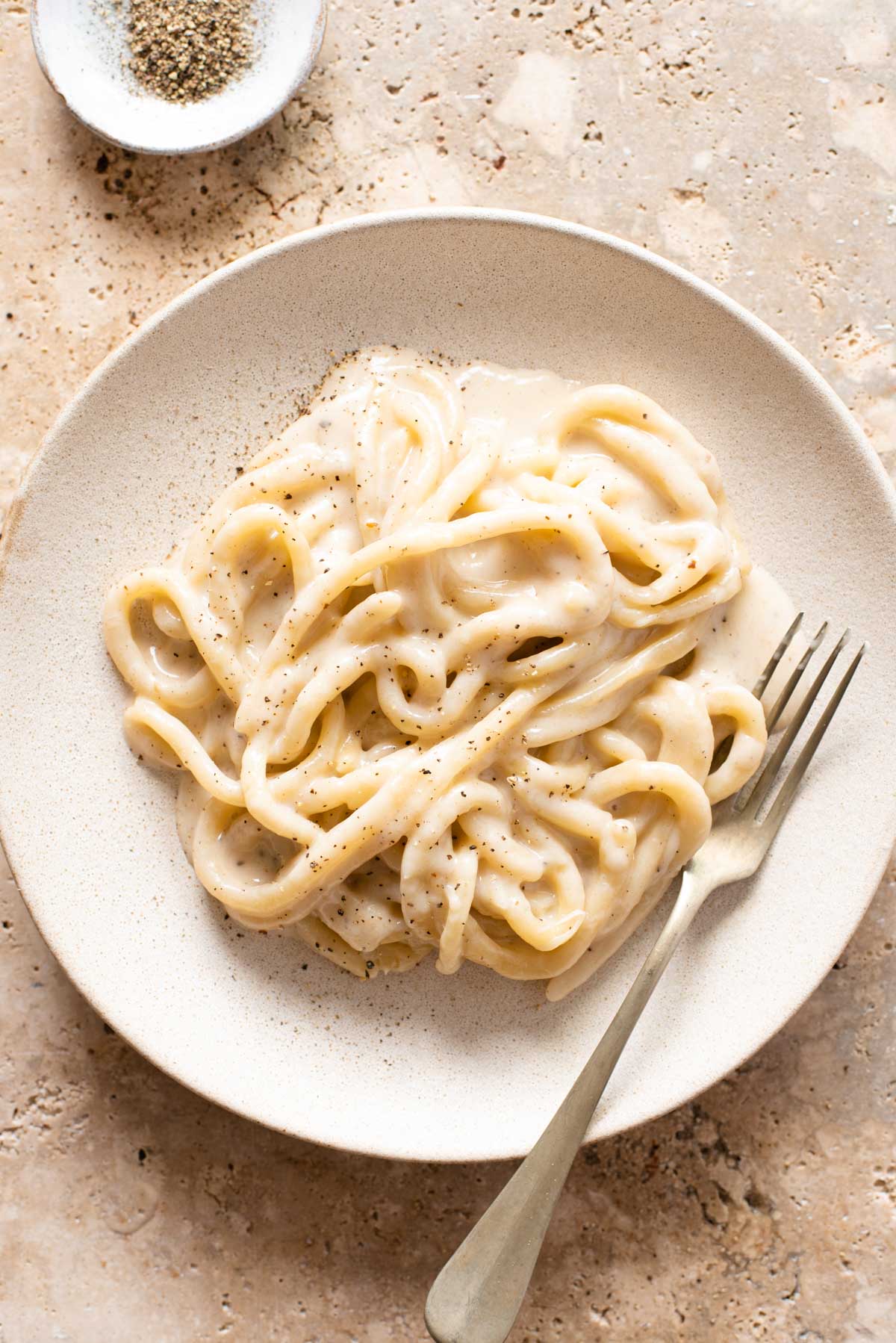 An overhead shot of a cheesy plate of pasta