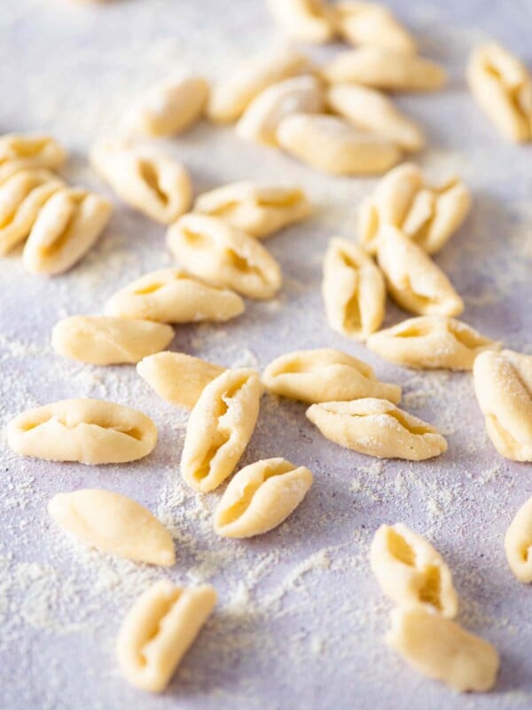 Fresh cavatelli pasta on a work surface