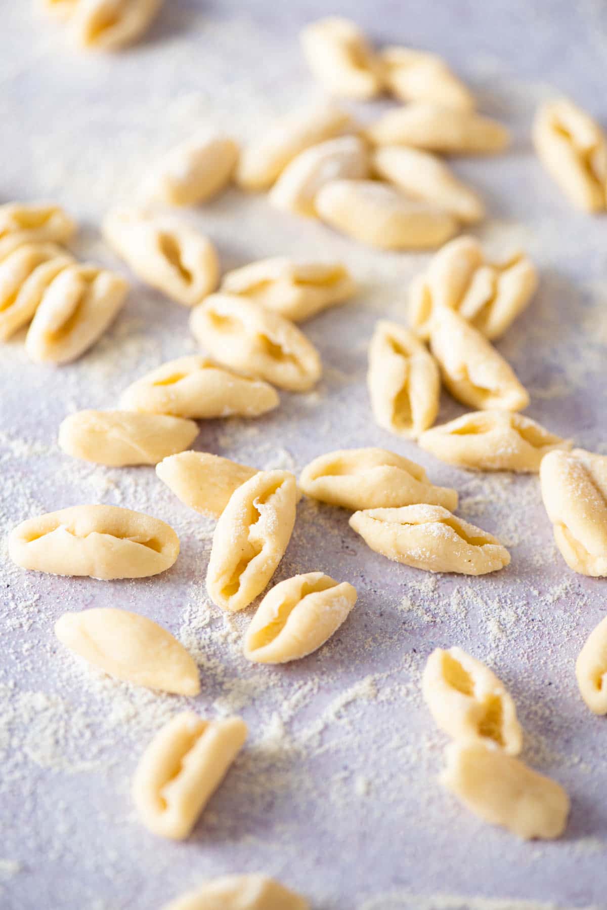 Fresh cavatelli pasta on a work surface