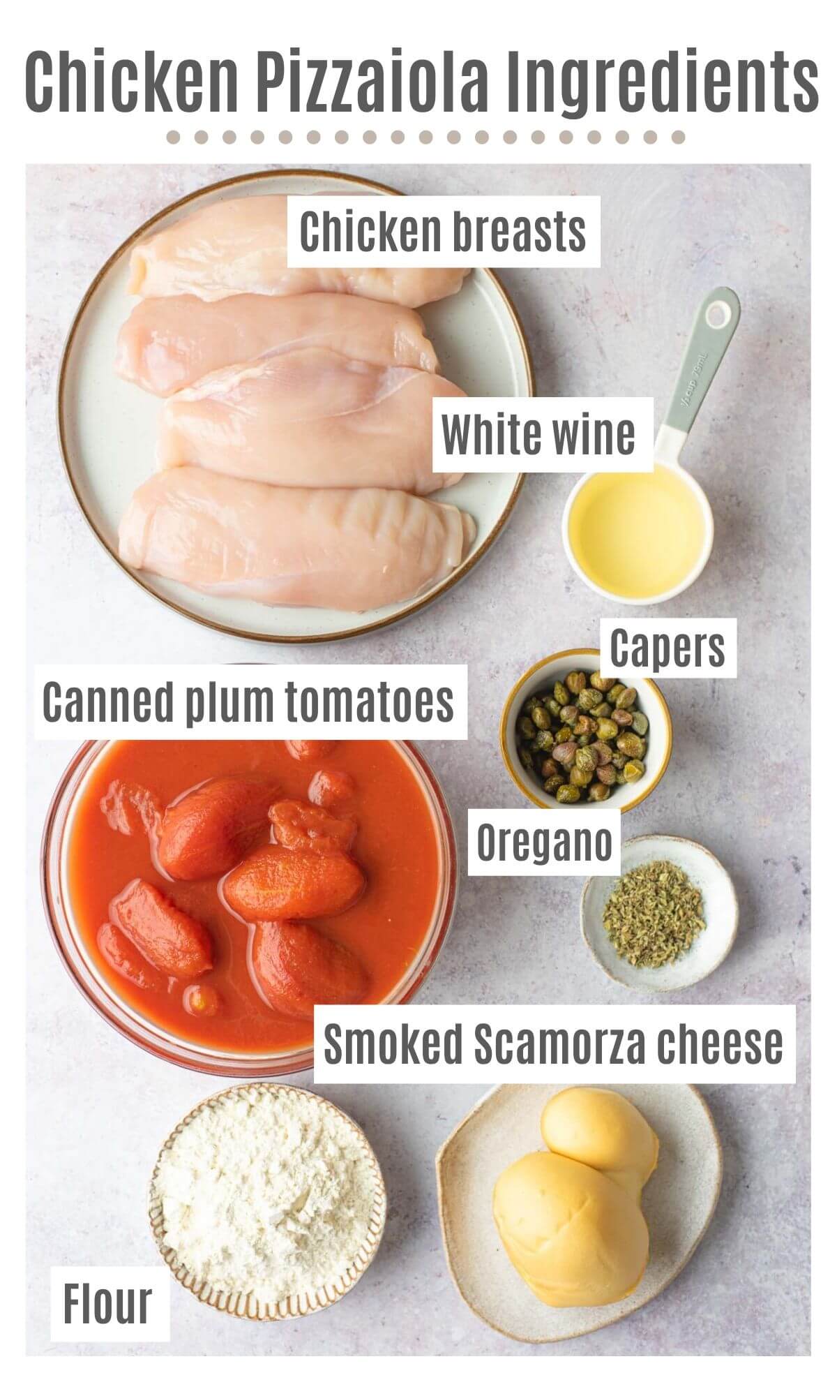 An overhead shot of all the ingredients you need to make chicken pizzaiola