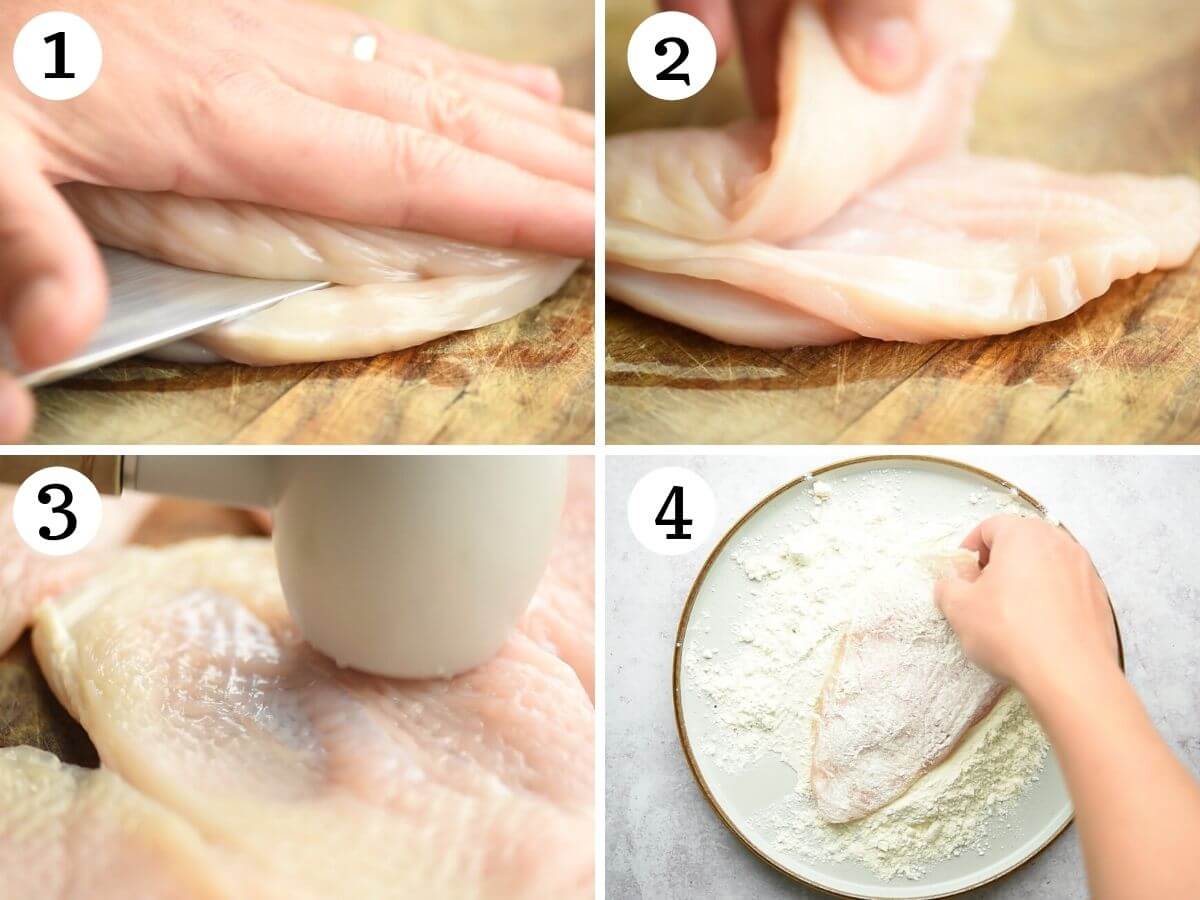 Step by step photos showing how to cut chicken breasts into cutlets and dredge them in flour