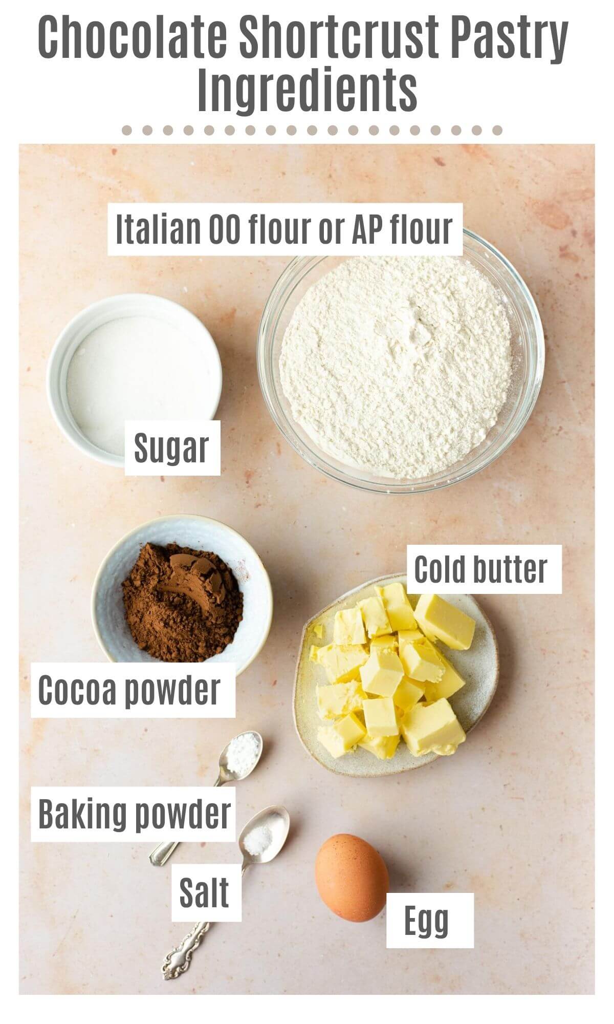 An overhead shot of all the ingredients you need to make chocolate shortcrust pastry