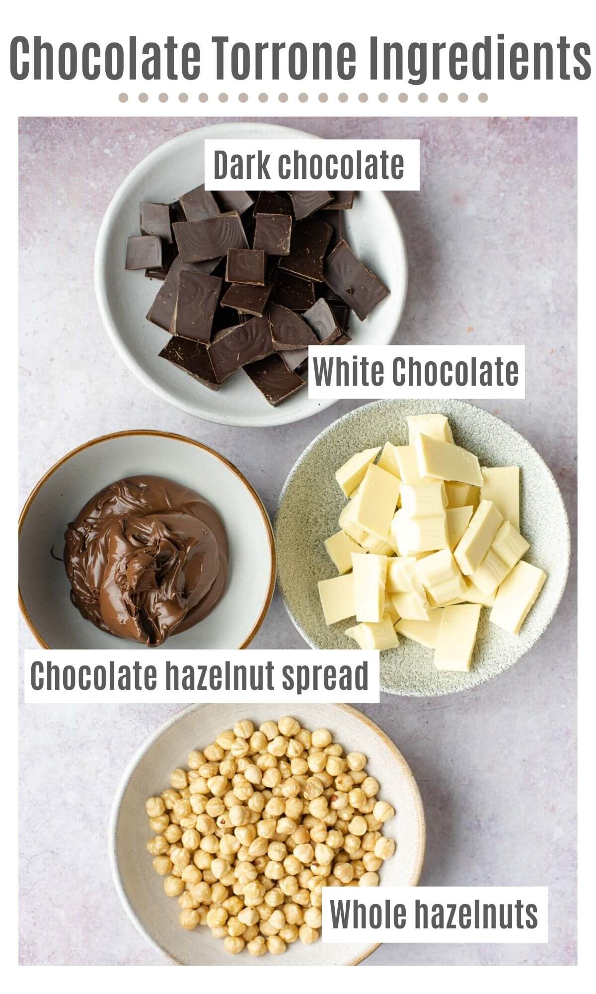 An overhead shot of all the ingredients you need to make a chocolate torrone