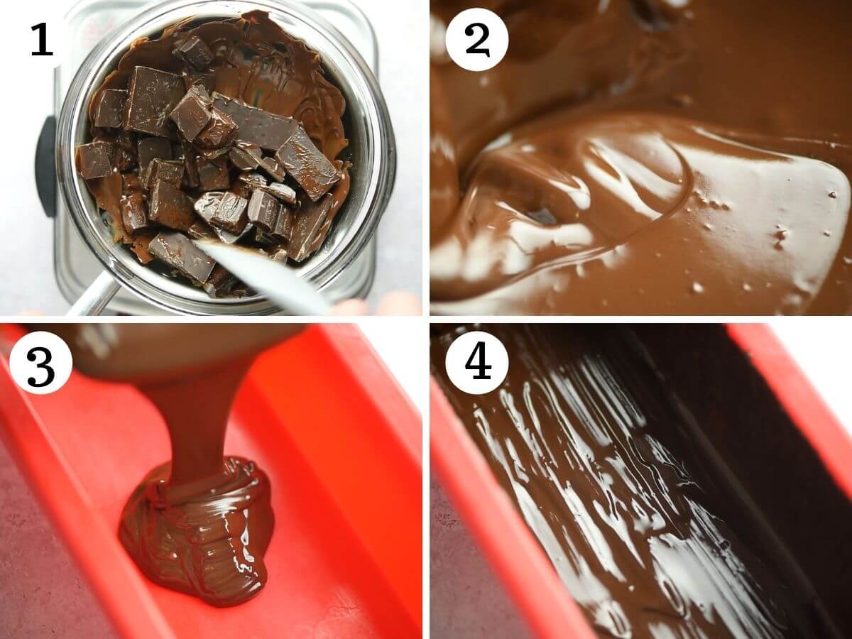 Step by step photos showing how to melt dark chocolate and line a loaf mold