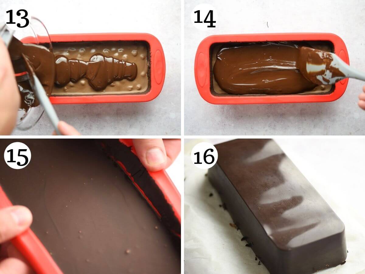 Step by step photos showing how to pour chocolate on top of the torrone filling and what it looks like when it's set