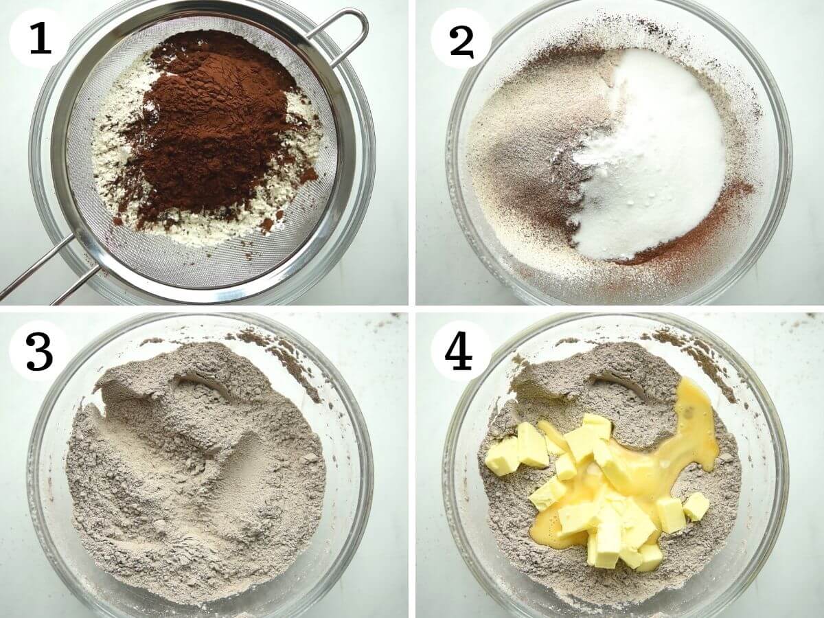 Step by step photos showing how to prepare chocolate shortcrust pastry