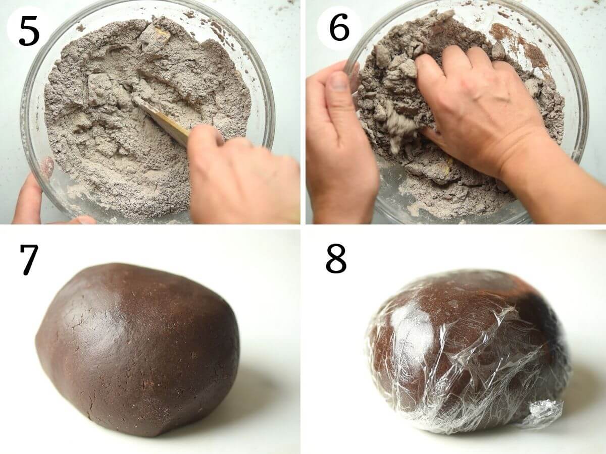 Step by step photos showing how to bring chocolate pastry together into a ball