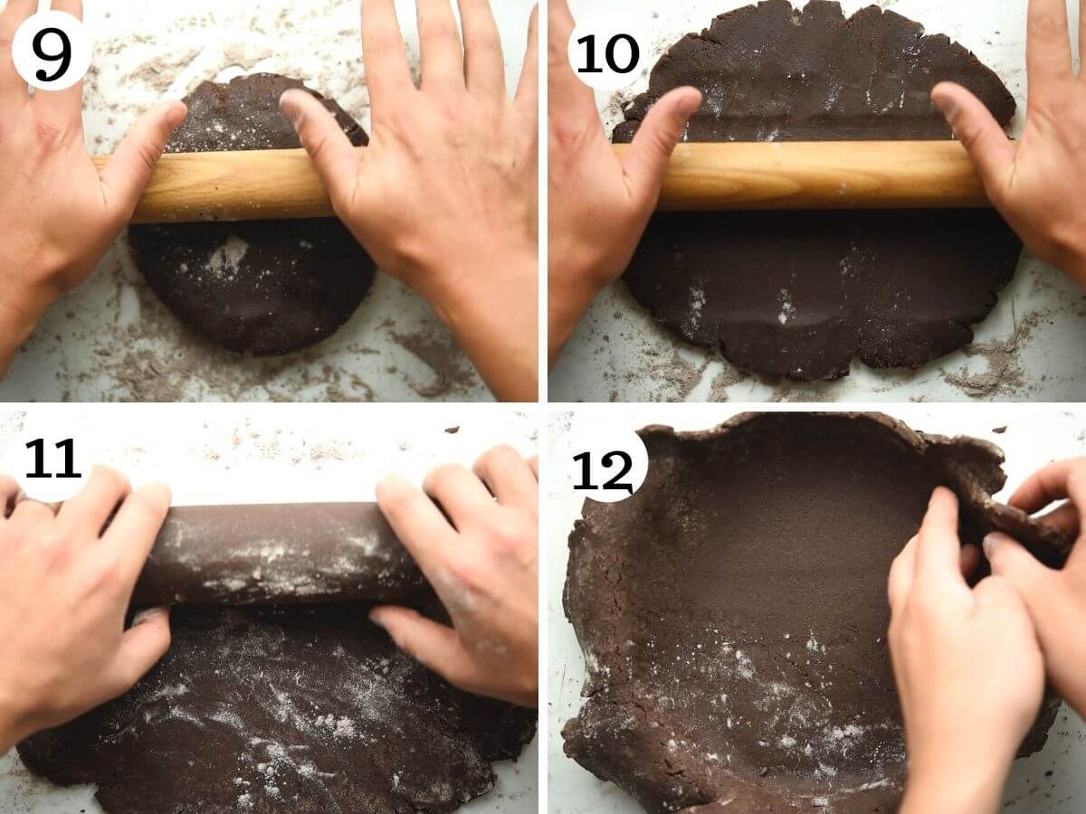 Step by step photos showing how to roll out chocolate shortcrust pastry