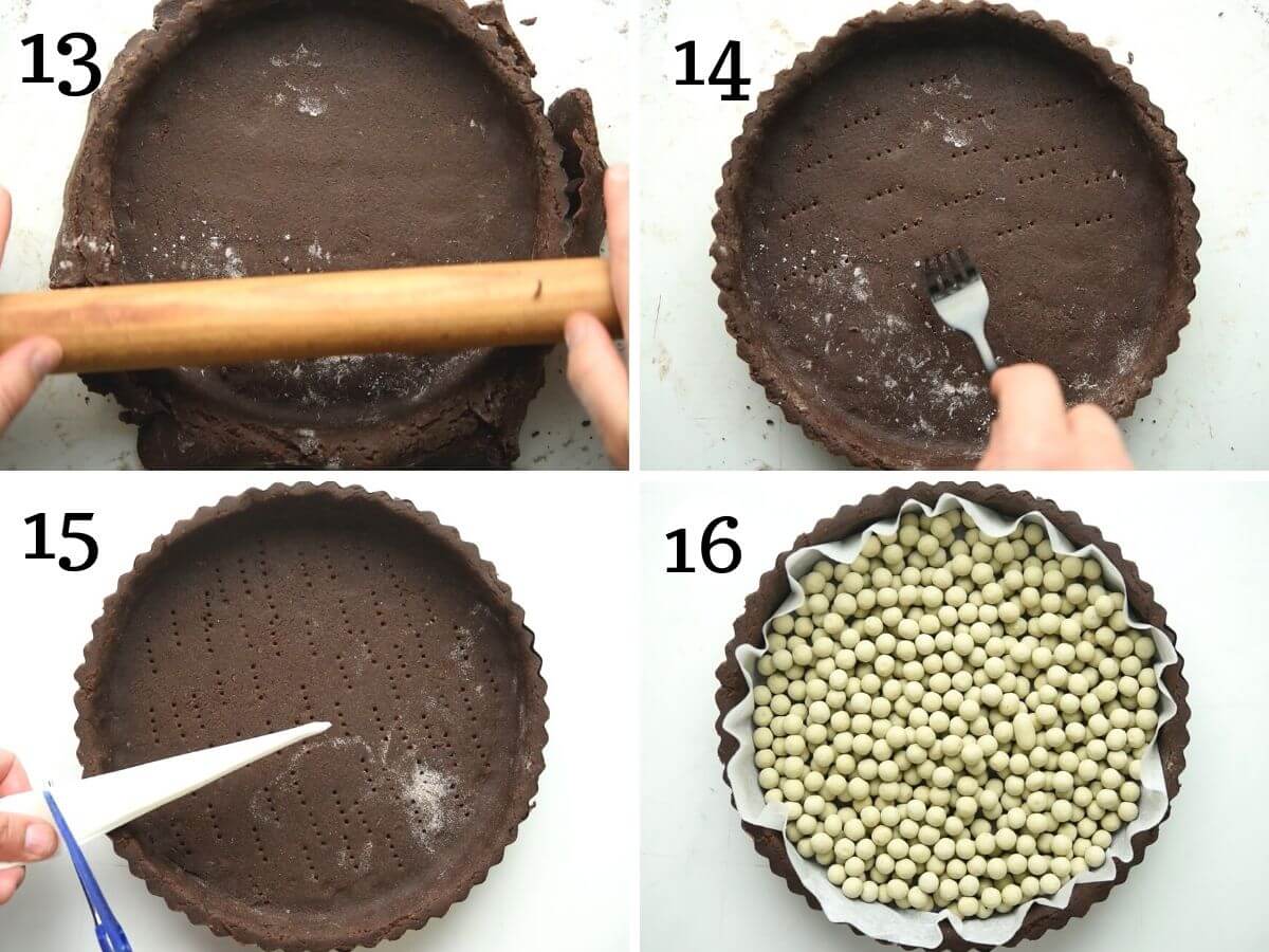 Step by step photos showing how to blind bake a chocolate pie crust
