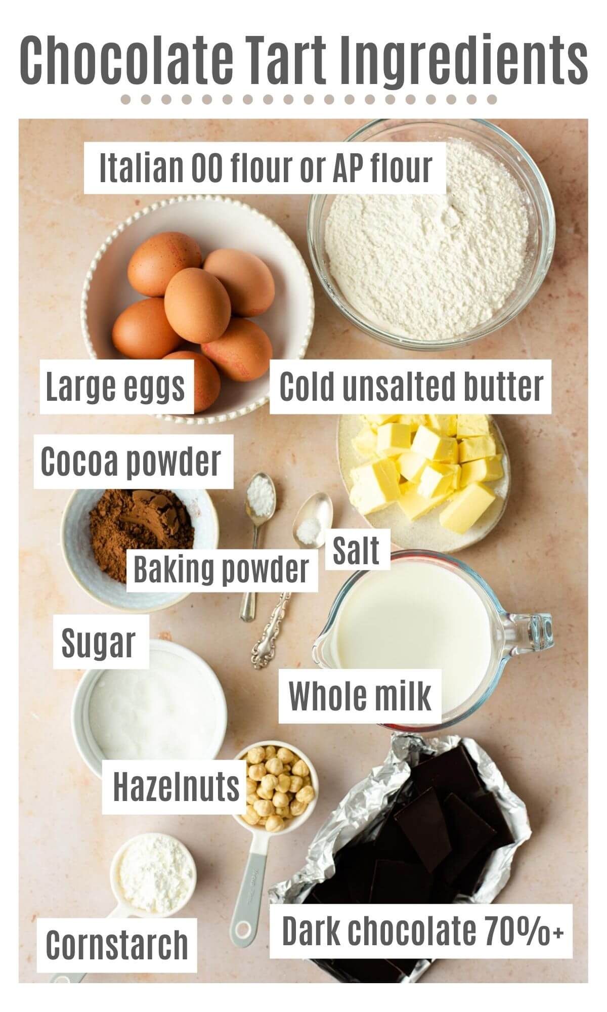 An overhead shot of all the ingredients you need to make a chocolate tart with hazelnuts