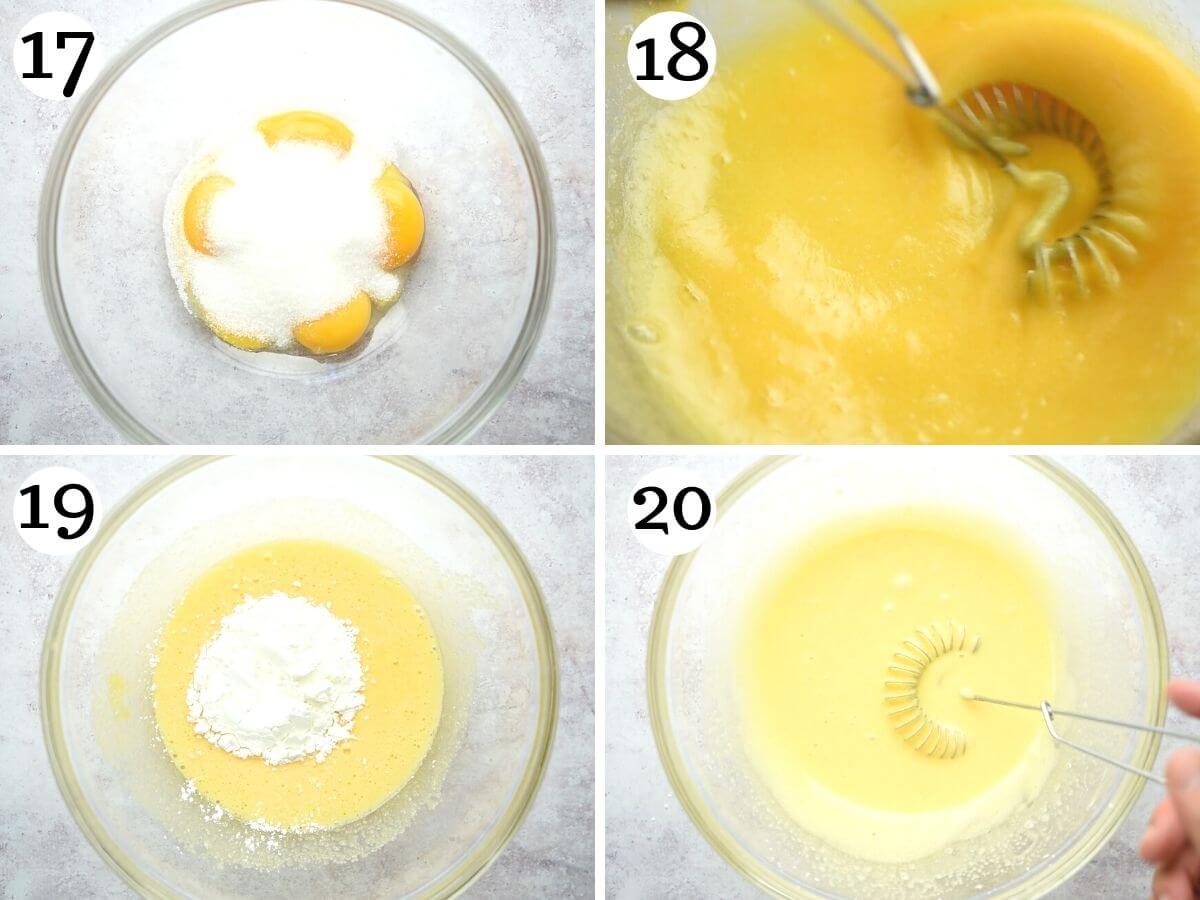 Step by step photos showing how to whisk egg yolks with sugar and cornstarch