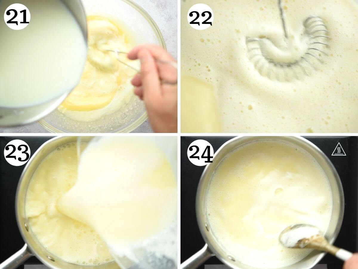Step by step photos showing how to temper eggs with milk