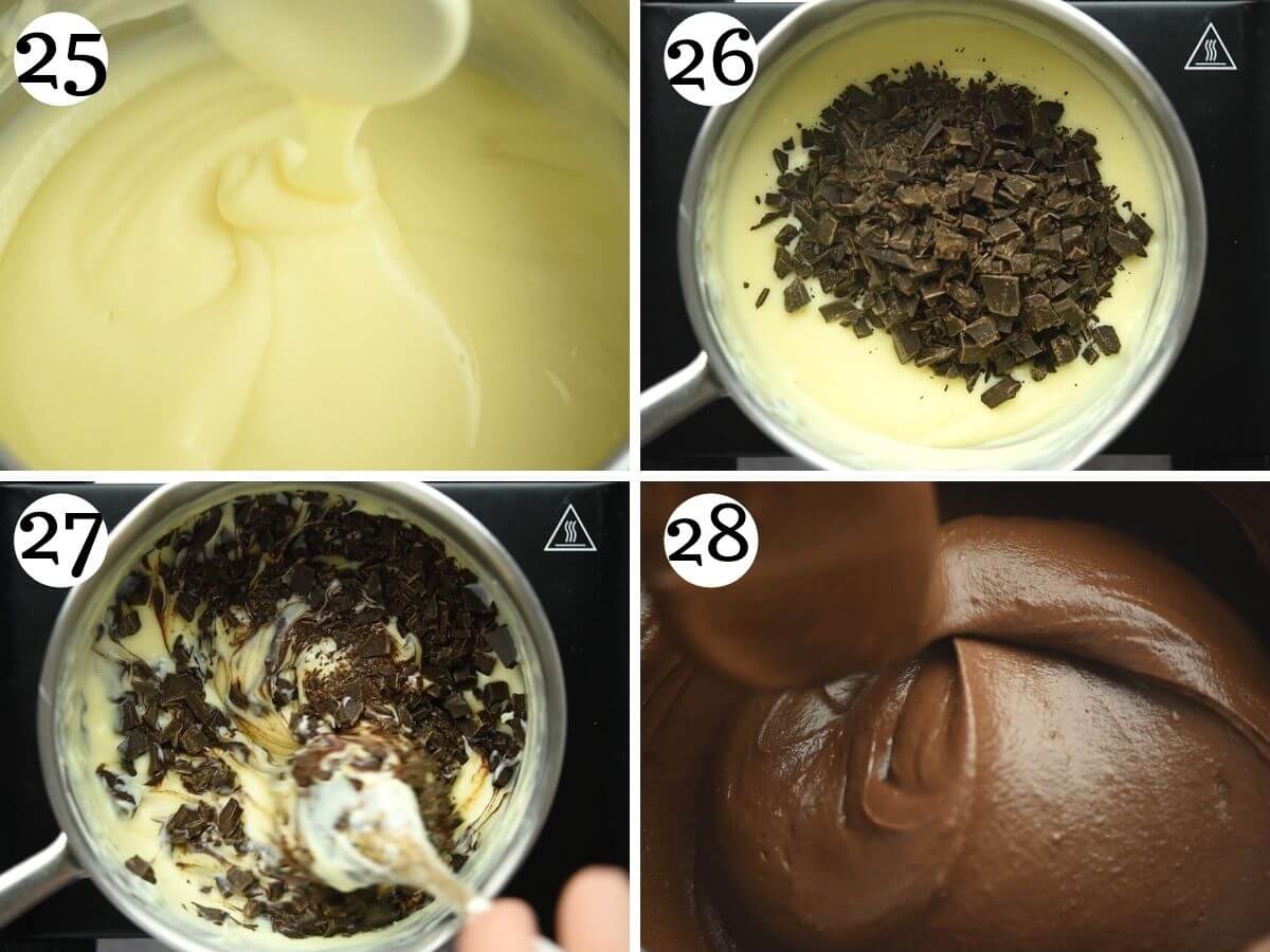 Step by step photos showing how to make chocolate custard