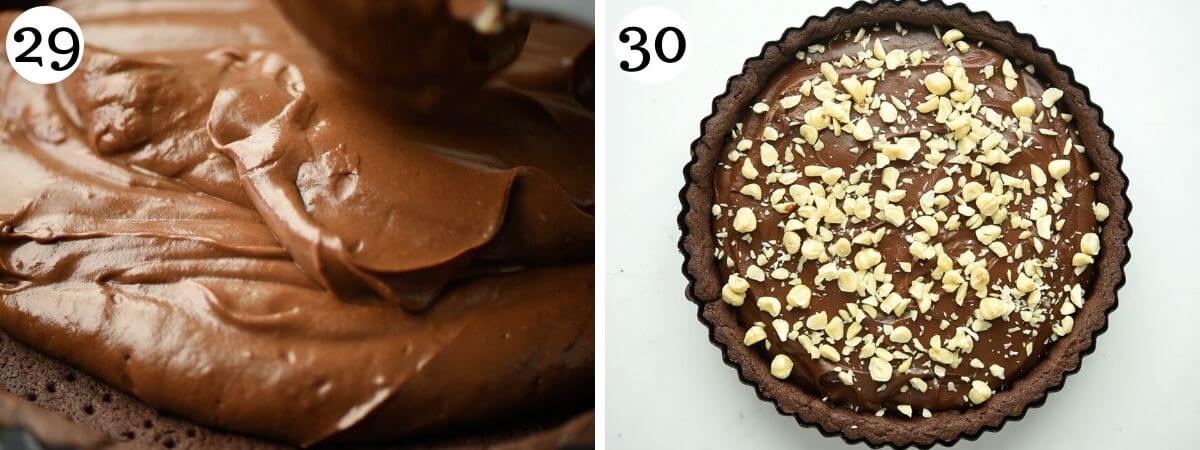 Two photos showing how to fill and top a chocolate tart with hazelnuts