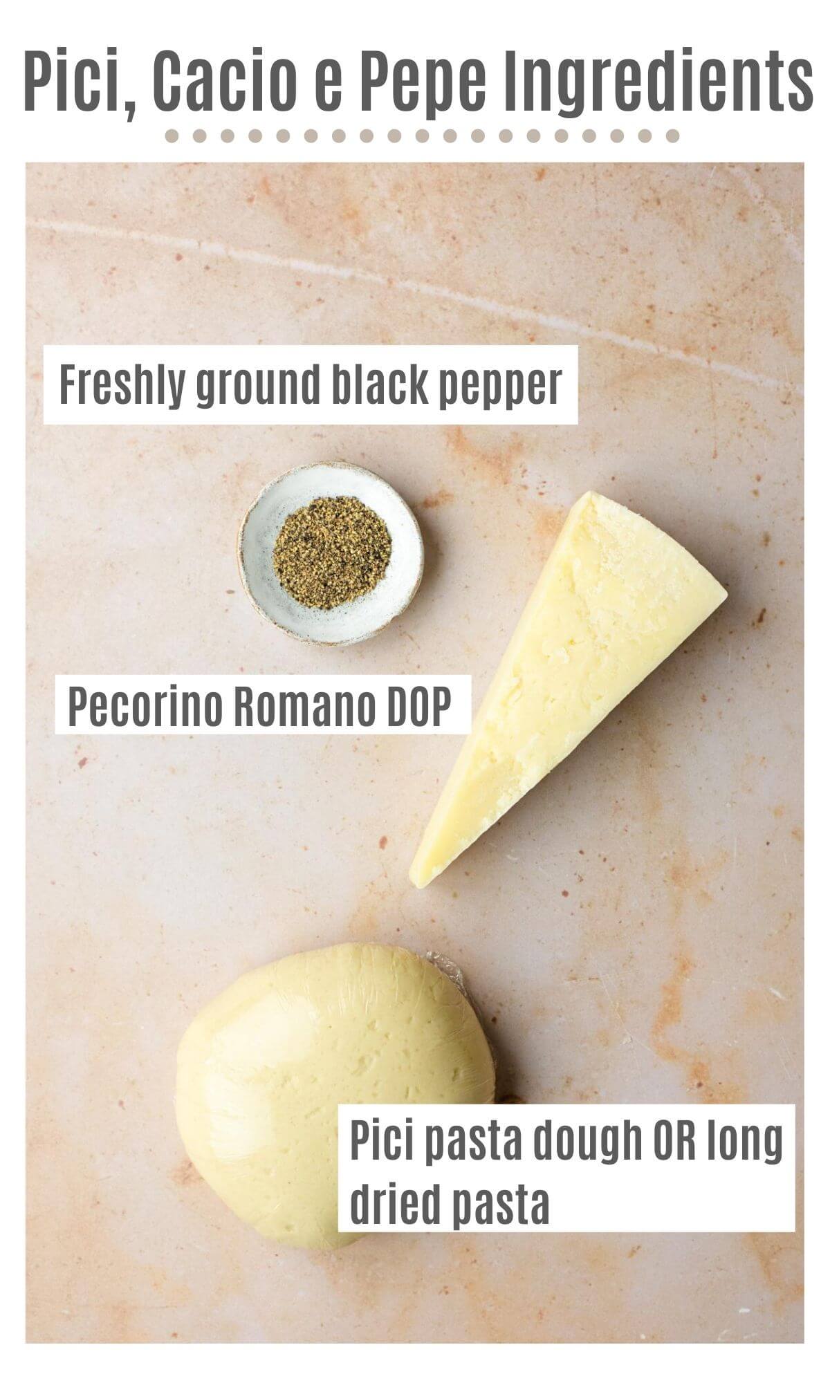 An overhead shot of all the ingredients you need to make cacio e pepe