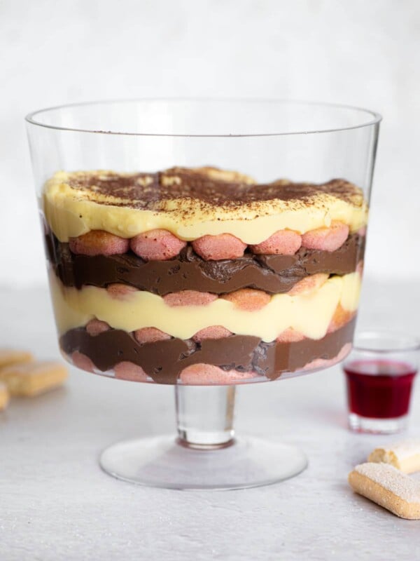 Zuppa inglese (Italian trifle) in a glass trifle dish so you can see all of the layers