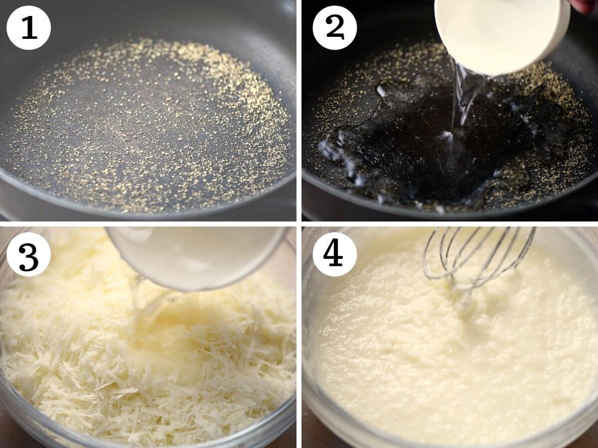 Step by step photos showing how to toast pepper and make a cheese sauce