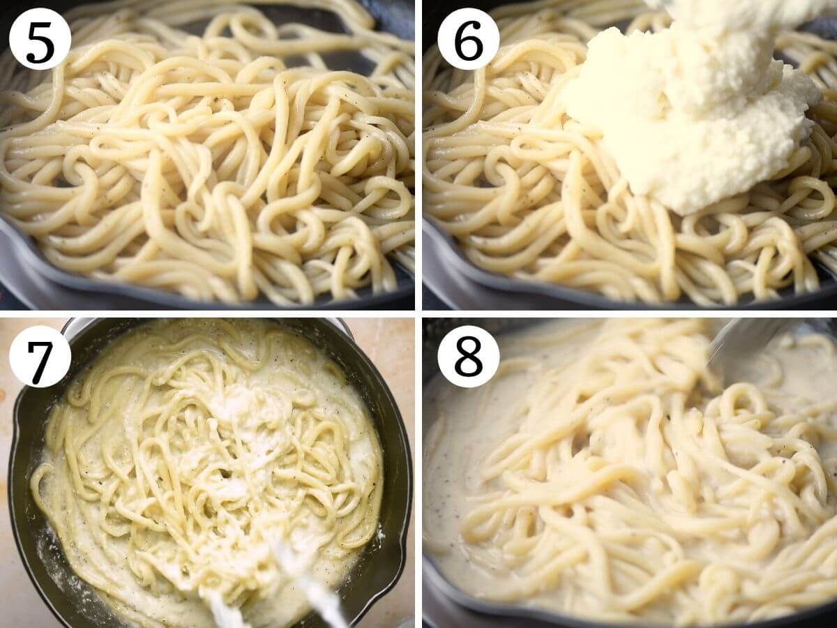 Step by step photos showing how to make cacio e pepe sauce