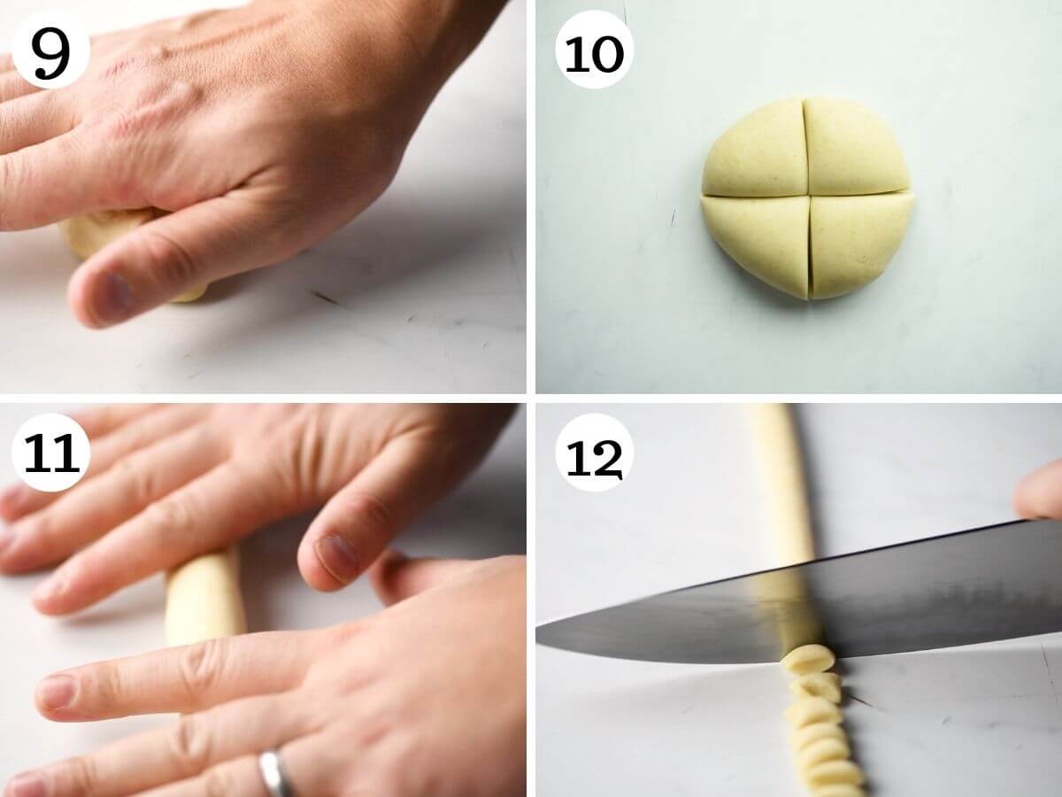 Step by step photos showing how to roll out and cut cavatelli pasta