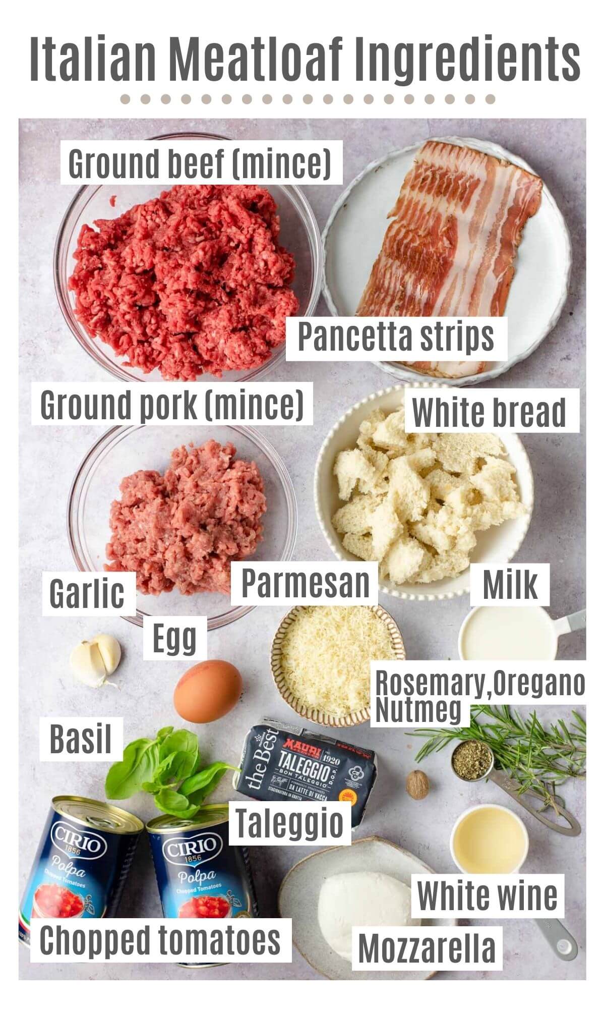 An overhead shot of all the ingredients you need to make Italian meatloaf