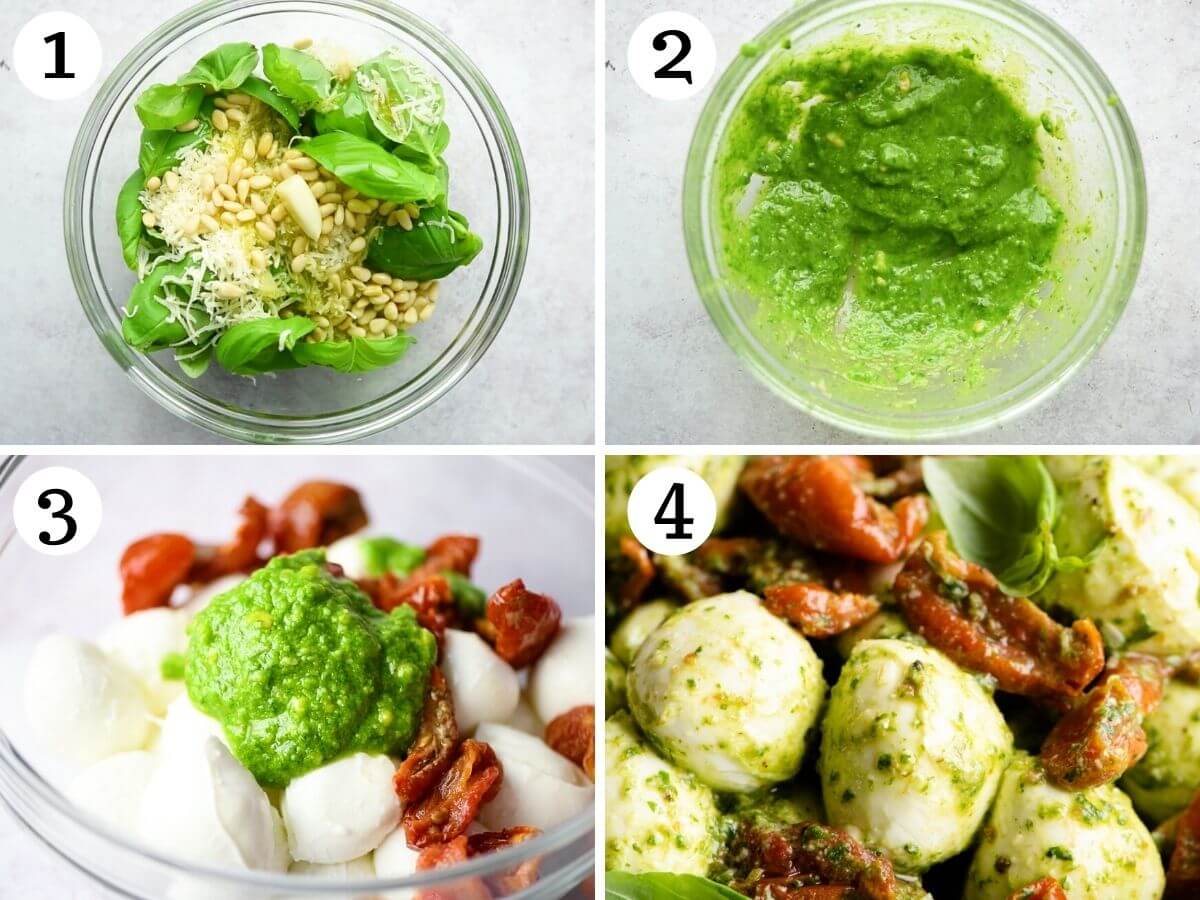 Step by step photos showing how to make mozzarella bocconcini with pesto