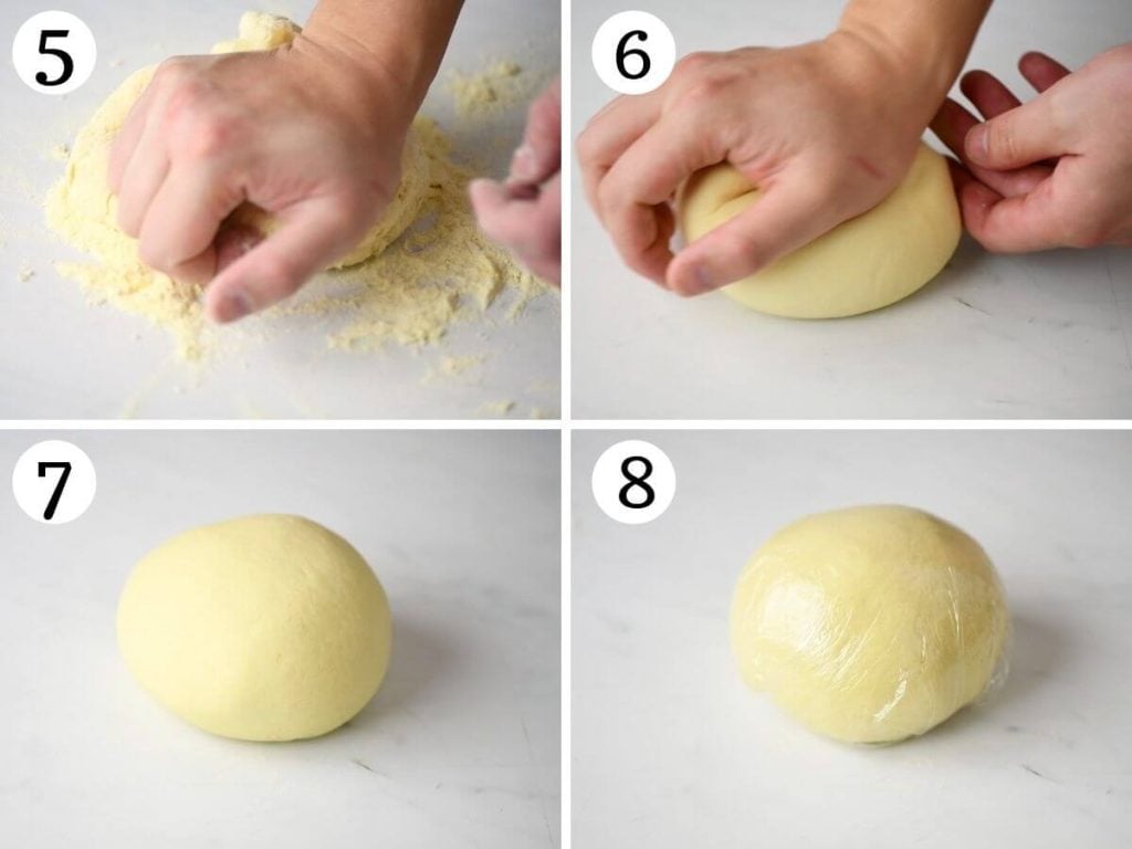 Step by step photos showing how to knead semolina pasta dough