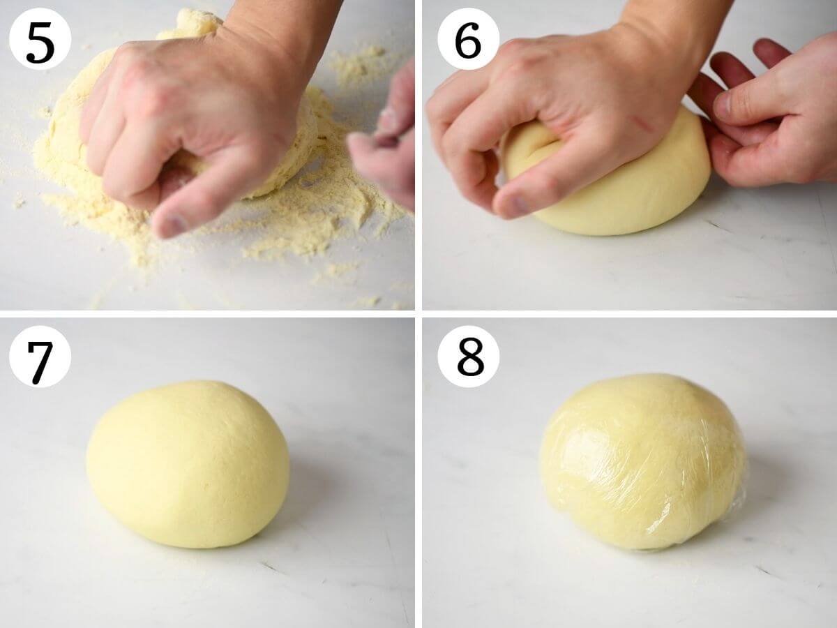 Step by step photos showing how to knead semolina pasta dough