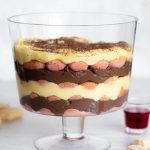 A close up of zuppa inglese in a glass trifle dish