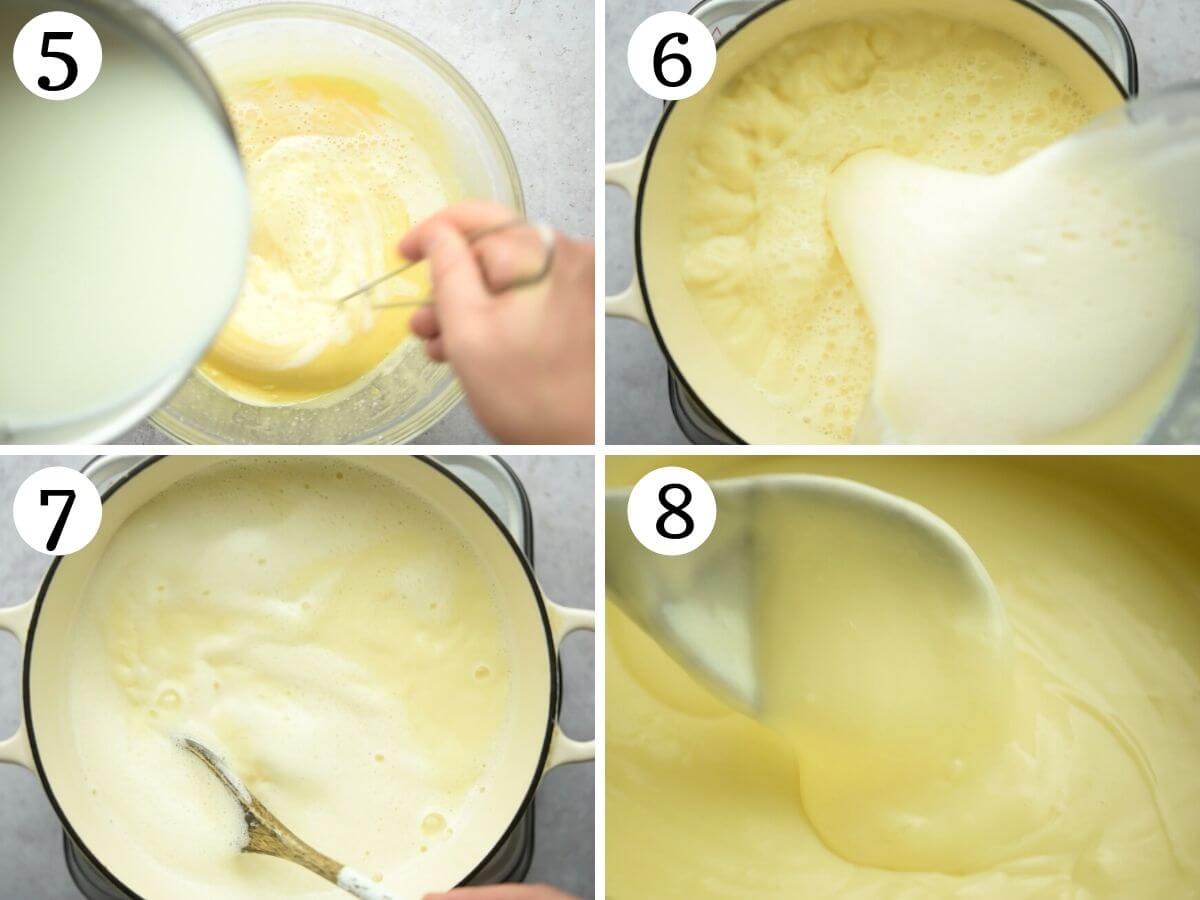 Step by step photos showing how to thicken custard