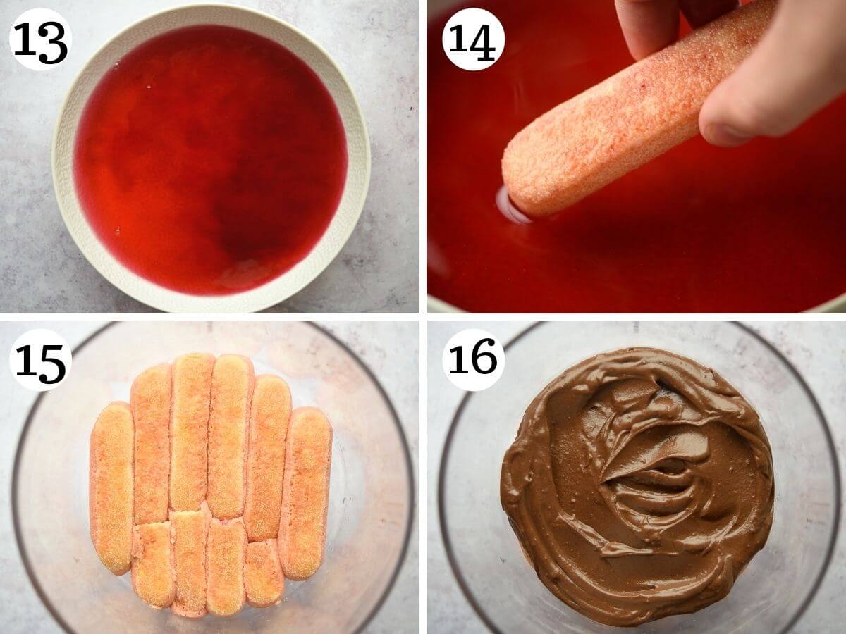 Step by step photos showing how to dip savoiardi biscuits in liqueur