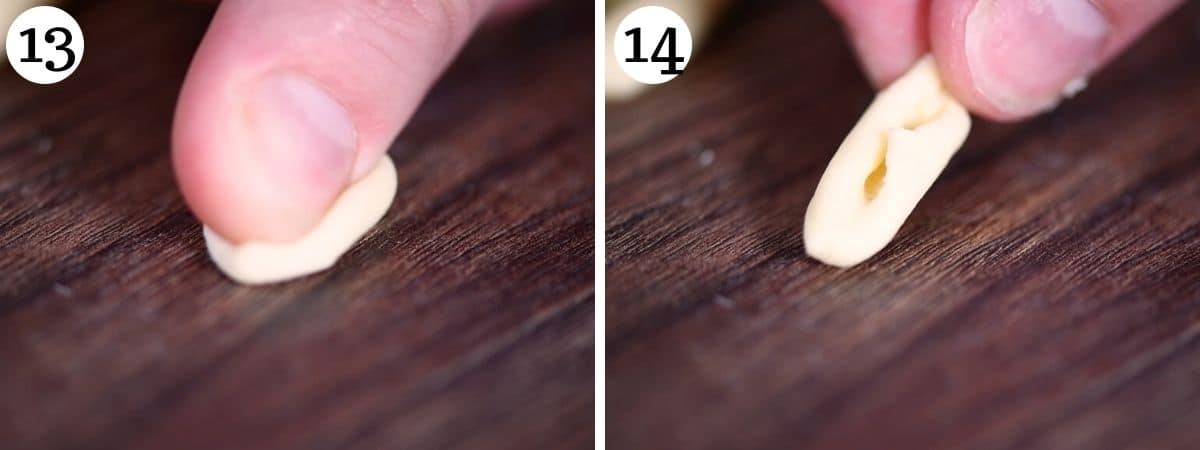 Two photos showing how to shape cavatelli on a wooden surface