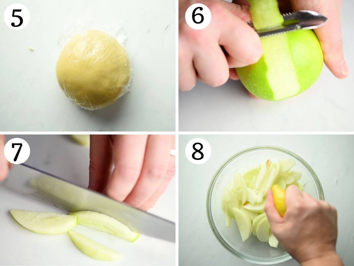 Step by step photos showing how to peel and slice apples