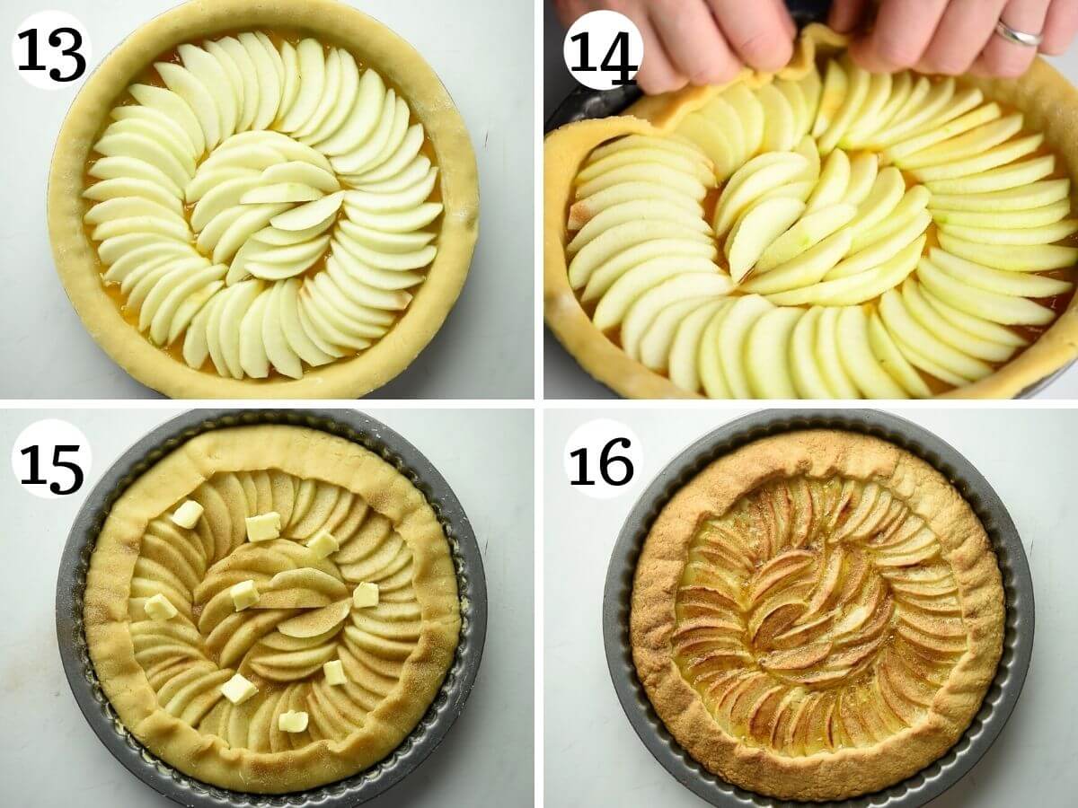 Step by step photos showing how to assemble and bake an apple crostata