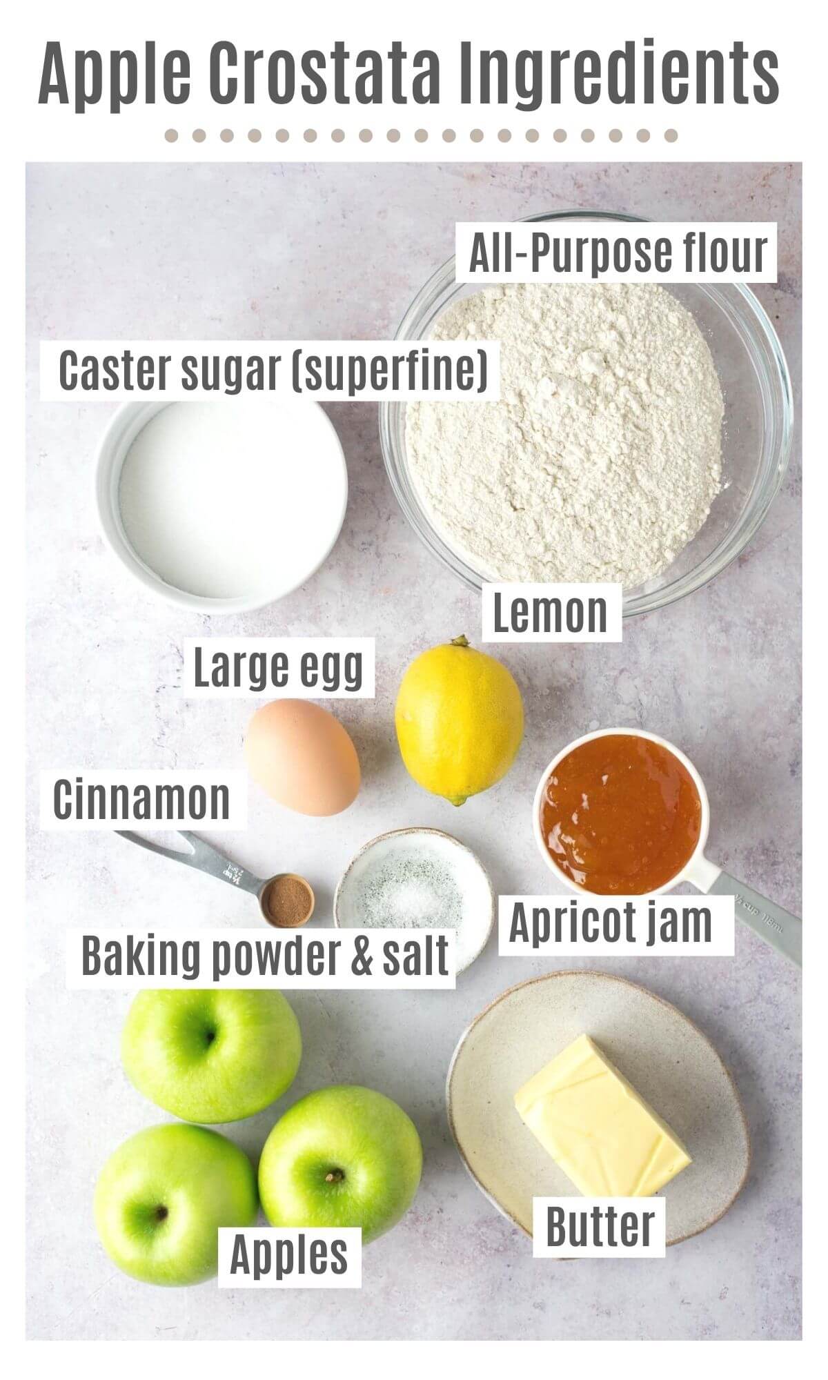 An overhead shot of all the ingredients needed to make an apple crostata