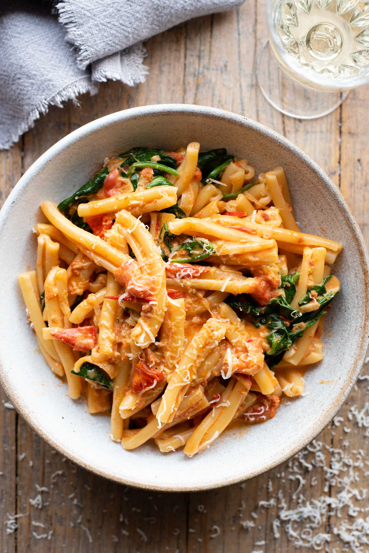 An overhead shot of a bowl of creamy Nduja pasta