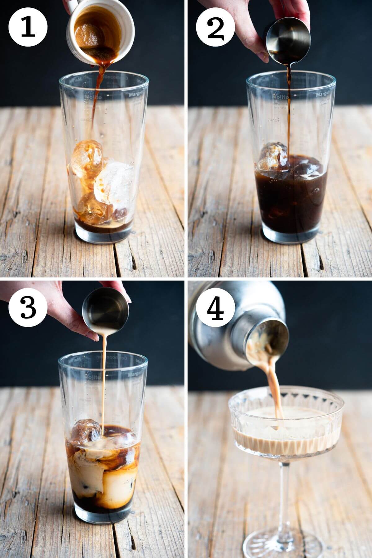 Step by step photos showing how to make a martini macchiato cocktail