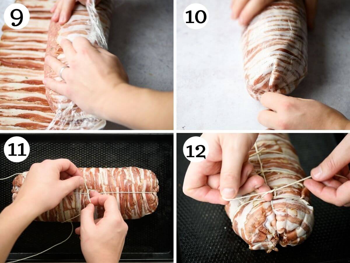 Step by step photos showing how to wrap and tie Italian meatloaf