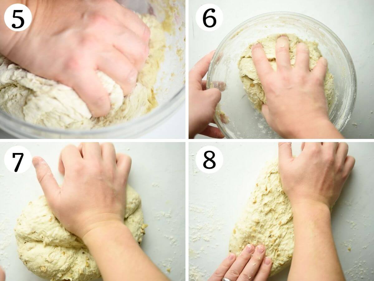 Step by step photos showing how to knead focaccia dough