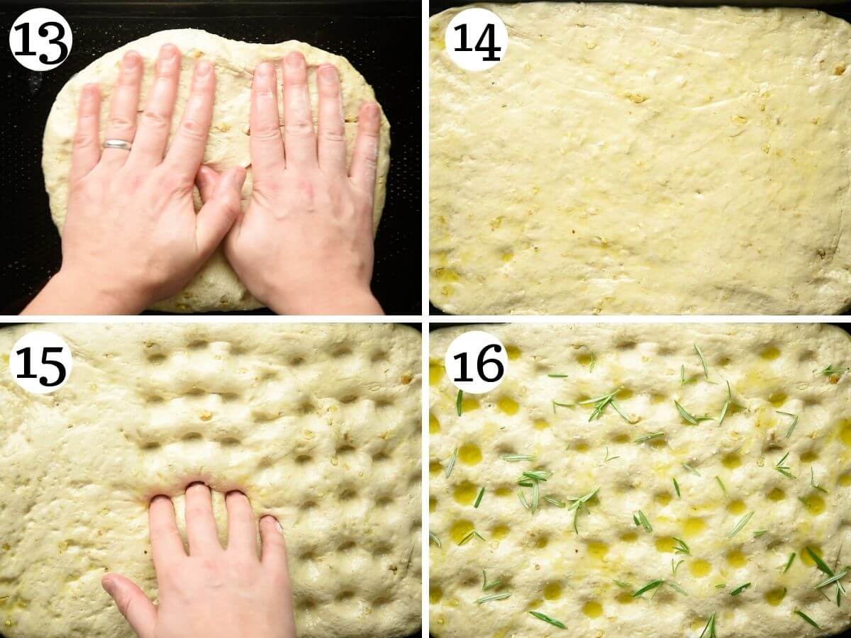 Step by step photos showing how to make shape a focaccia