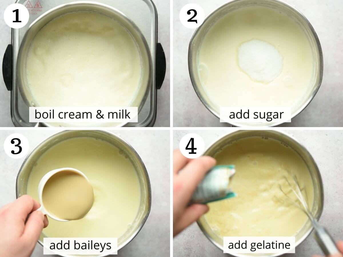 Step by step photos showing how to make baileys panna cotta