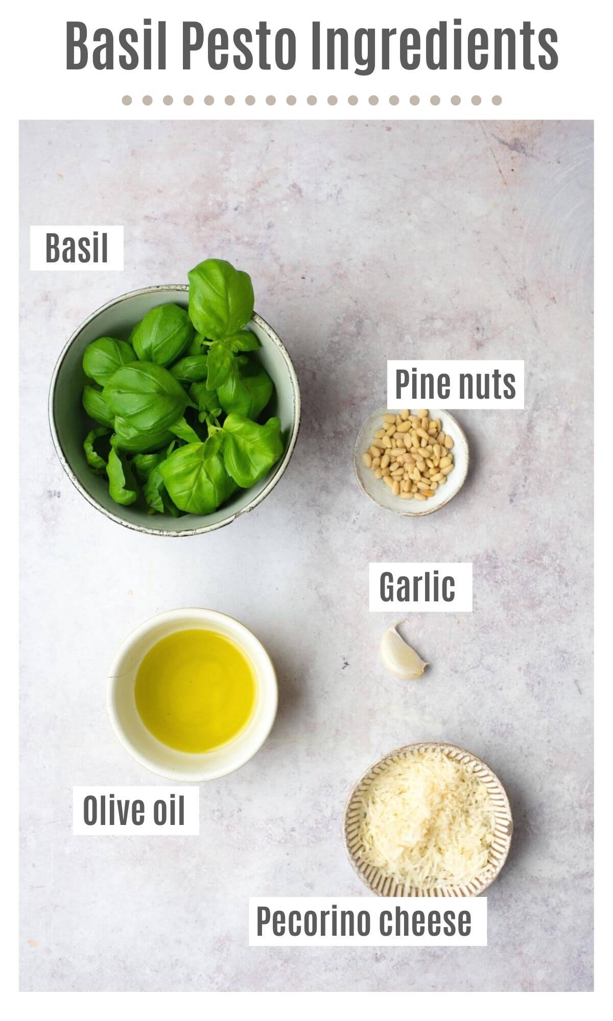 An overhead shot of all the ingredients you need to make basil pesto