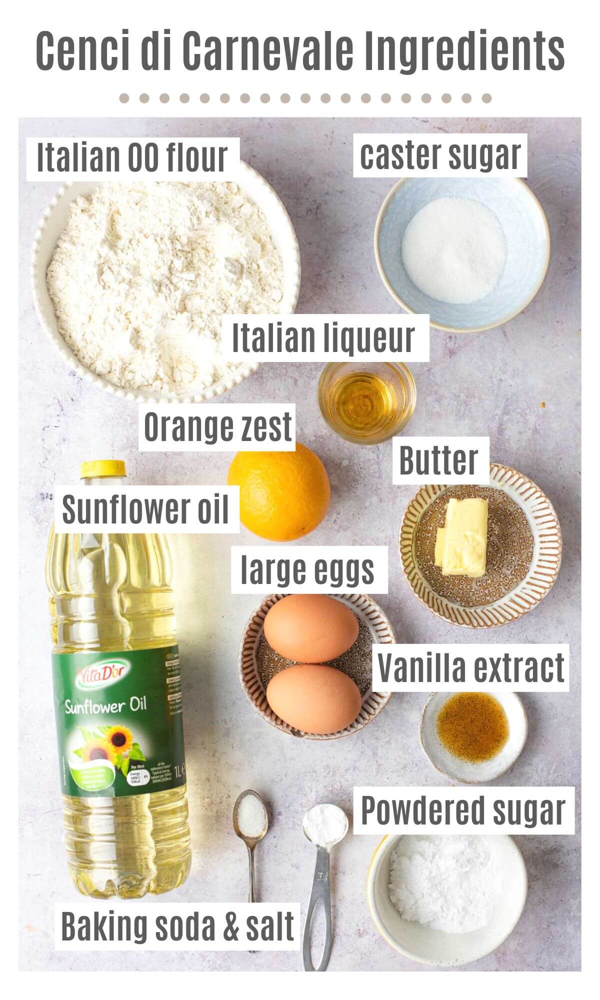 An overhead shot of all the ingredients you need to make Italian carnival pastries