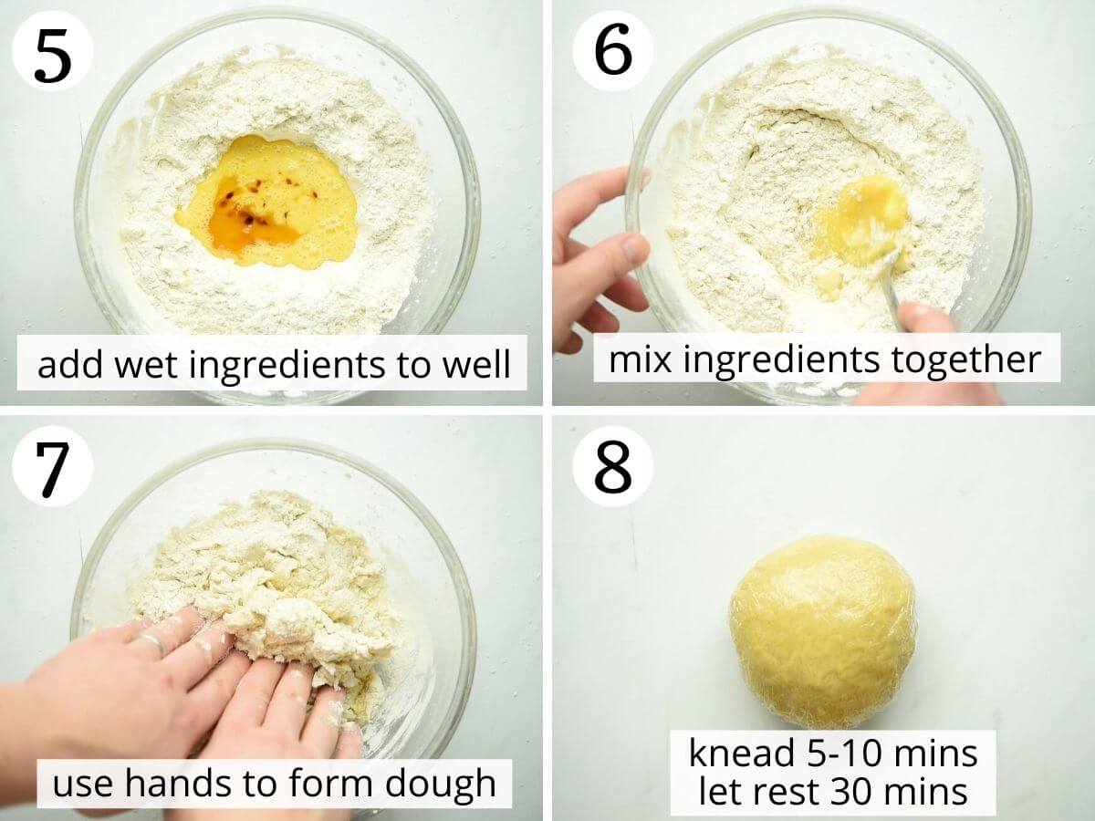 Step by step photos showing how to add wet ingredients to form a dough