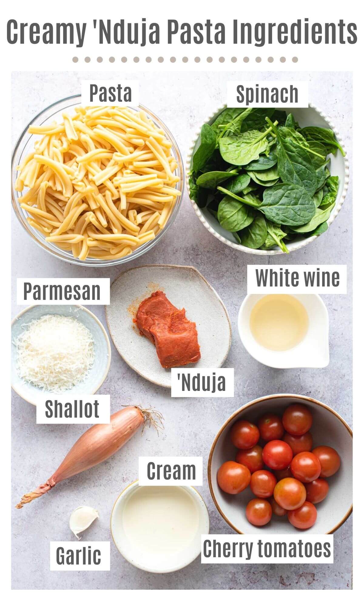 An overhead shot of all the ingredients you need to make creamy Nduja pasta