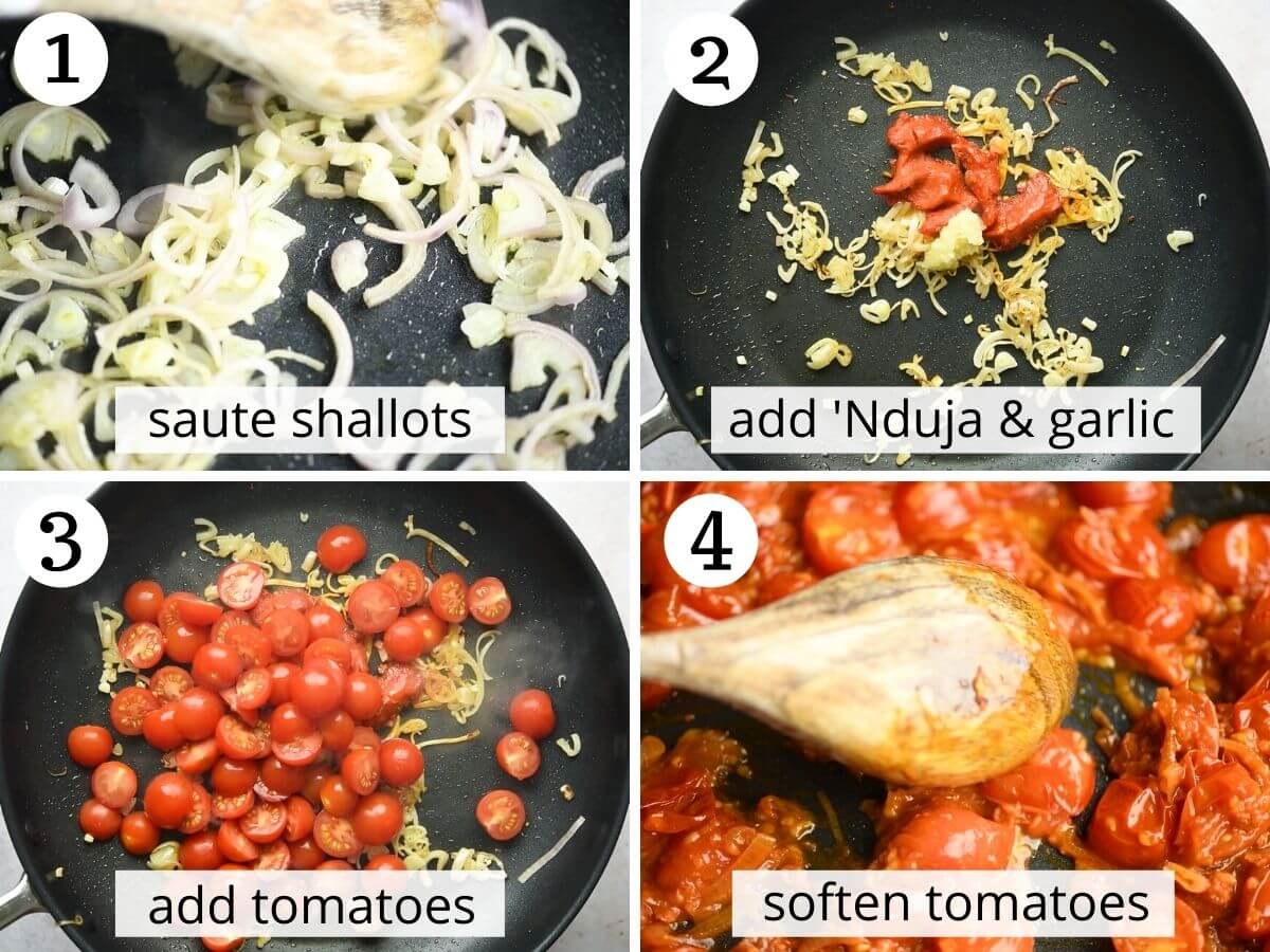 Step by step photos showing how to saute shallots, Nduja and tomatoes