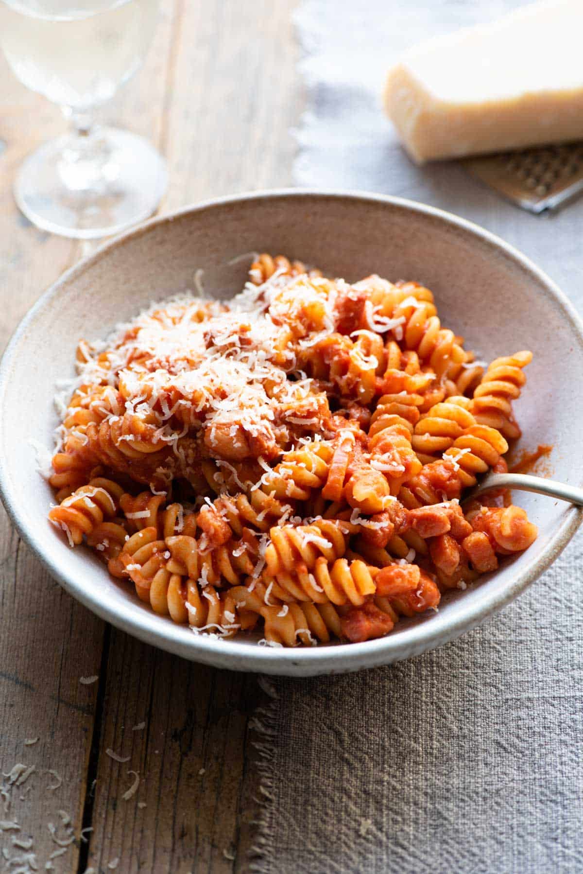 Creamy Tomato Pasta with Pancetta and Shallots - Inside The Rustic Kitchen