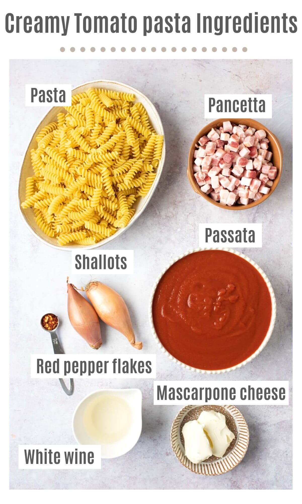 An overhead shot of all the ingredients you need to make creamy tomato pasta