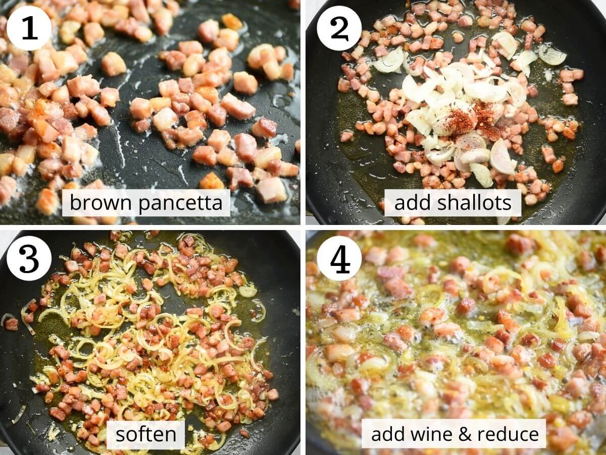 Step by step photos showing how to brown pancetta and shallots